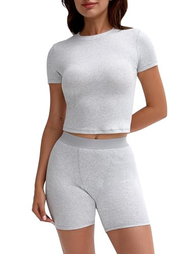 UNDER CLOUD Two Piece Outfits for Women Matching Lounge Sets Tracksuit Casual Workout Clothes Ribbed T-shirt Boxer Shorts Crew Neck Streetwear Pajama Grey L | Amazon (US)