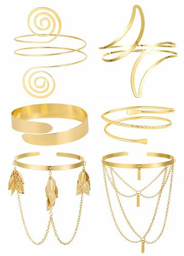 BOMAIL 6-Piece Arm Cuff Set - Gold Armlet, Swirl Armband, Adjustable Upper Arm Cuffs | Amazon (US)