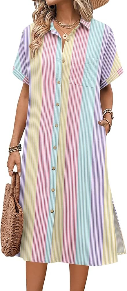 HOTOUCH Womens Dress Summer Casual Midi Short Sleeve Button Down Shirt Dresses Loose Beach Cover ... | Amazon (US)