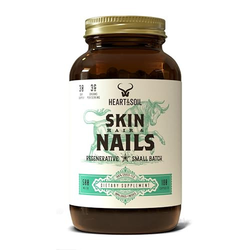 HEART & SOIL – 3000mg Skin, Hair and Nails Support Supplement with Grass Fed Beef Liver, Bone Marrow, Cartilage, Biotin, Collagen, Vitamins A, Riboflavin, Elastin – 180 Capsules | Amazon (US)