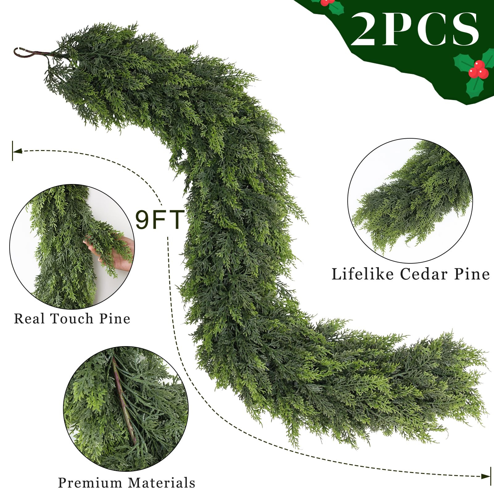 9FT Real Touch Cedar Garland - Artificial Christmas Garland Fake Green Faux Thick and Lush Pine Needles Garlands for Table Fireplace Mantle Holiday Home Indoor Outdoor Decor (2PCS) | Amazon (US)