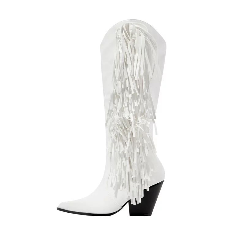 KBKYBUYZ Women's Winter High Boots With Fringe Sleeve In Solid Color And Low Heel | Walmart (US)