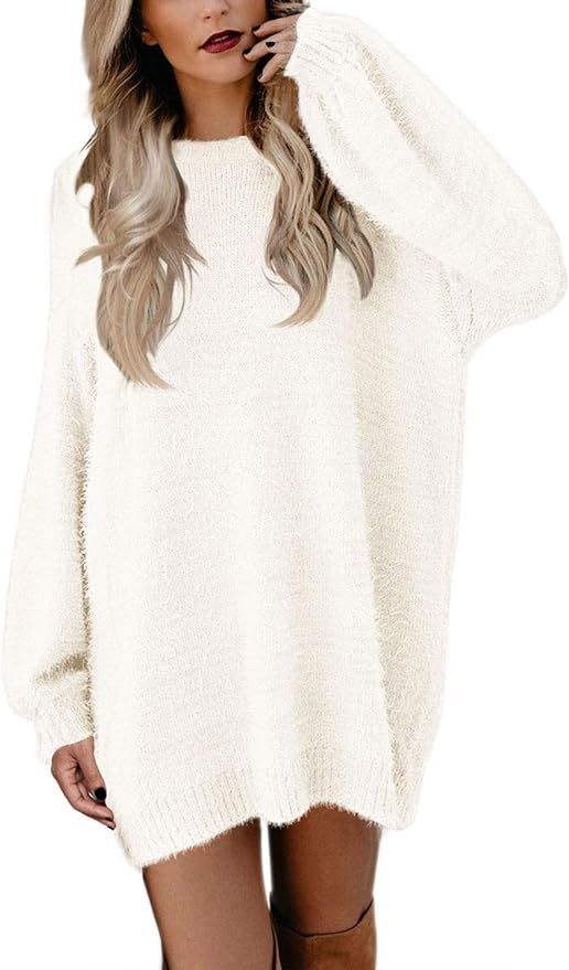 Meenew Women's Furry Crewneck Oversized Loose Long Pullover Sweater Dress | Amazon (US)