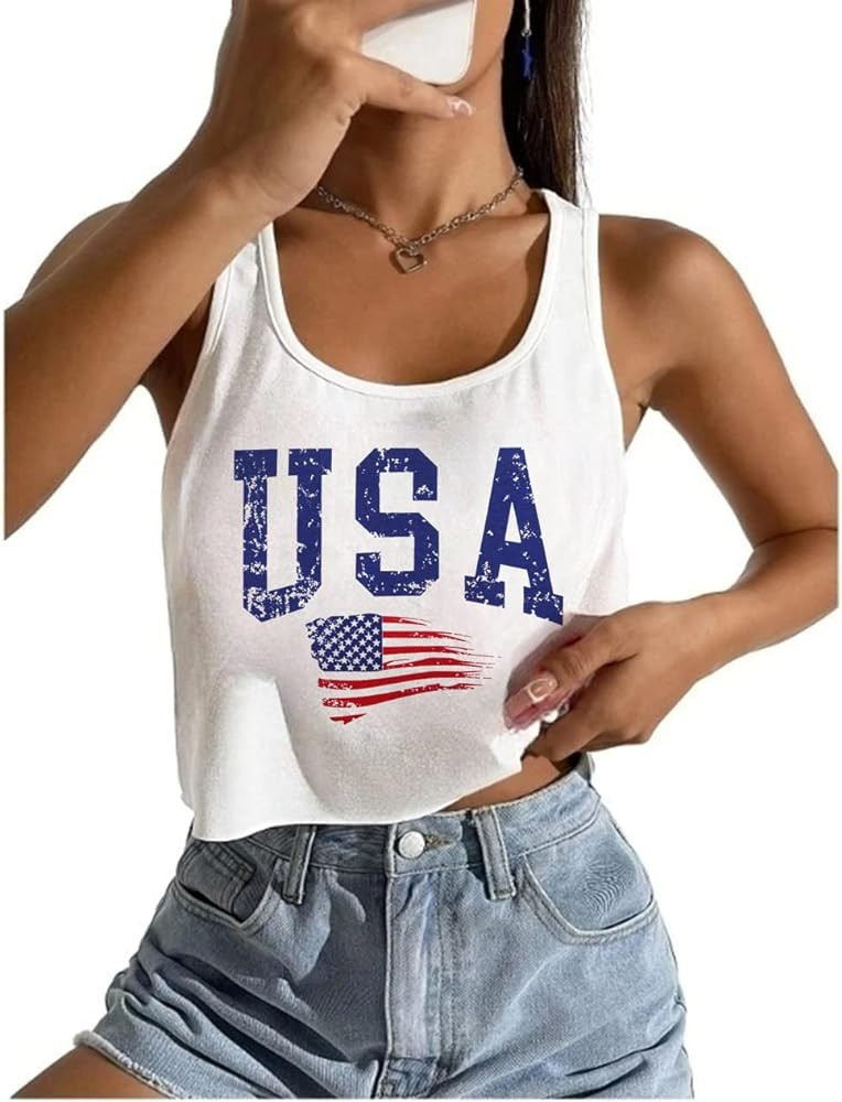 Women's Sexy American Flag Crop Tank 4th of July Patriotic Sleeveless Tee Tops | Amazon (US)