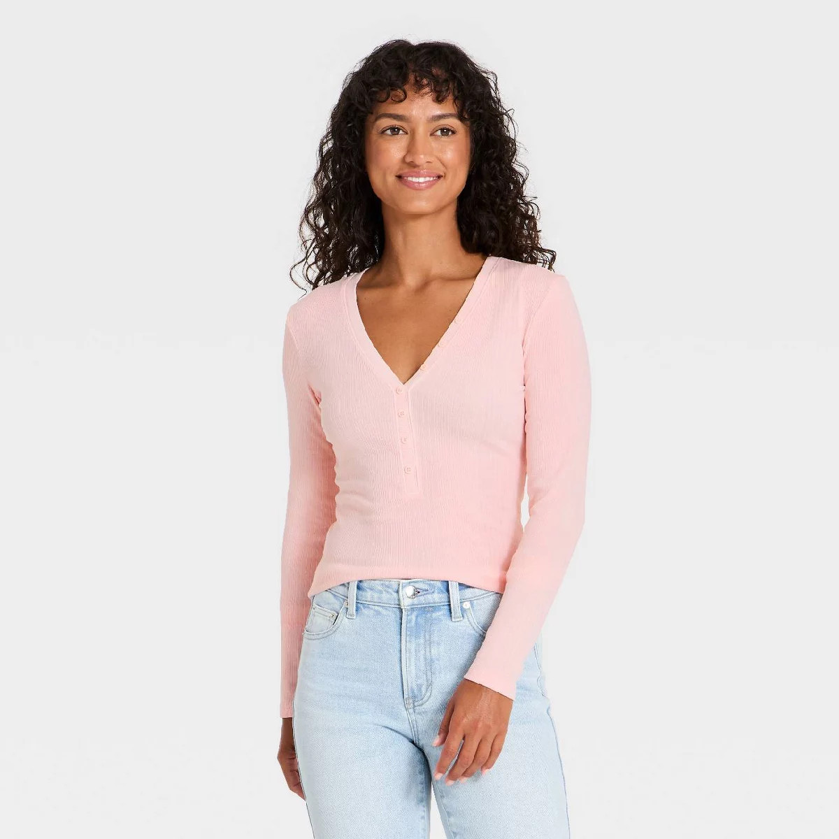 Women's Long Sleeve Heritage Deep V-Neck Henley Shirt - Universal Thread\u2122 Pink L | Target