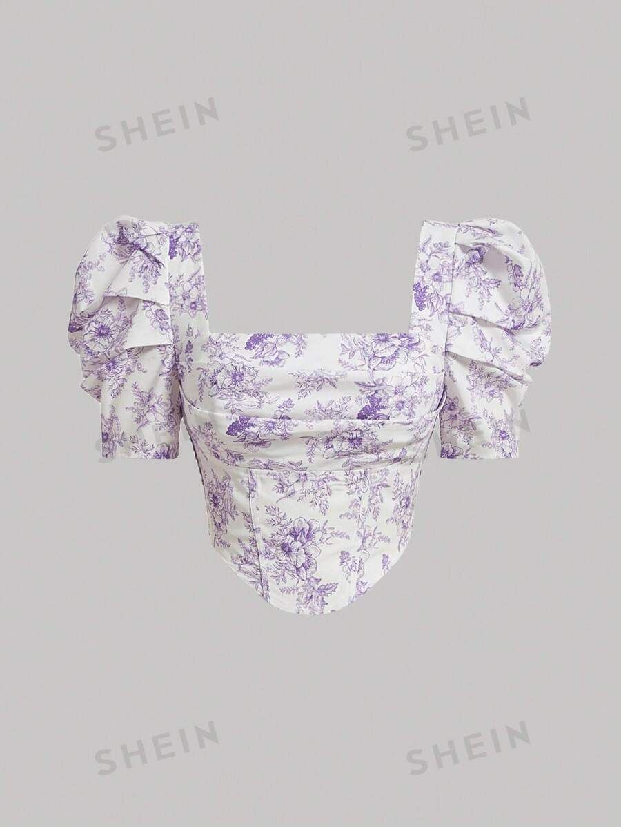 SHEIN MOD Floral Print Square Neck Puff Sleeve Bandana Hem Crop Summer Blouse | SHEIN