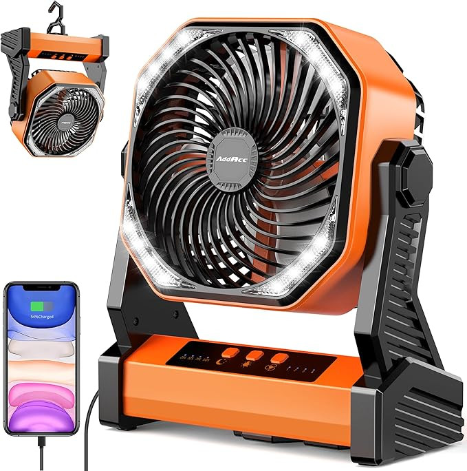 20000mAh Battery Powered Camping Fan, 58Hrs Rechargeable Portable Fan, 400LM Light, 360° Hook, W... | Amazon (US)