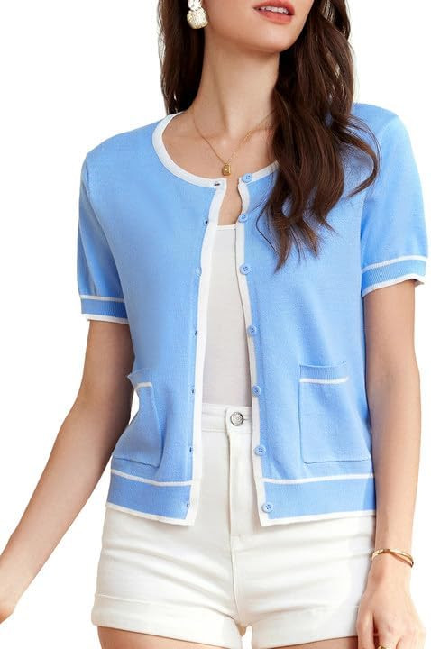 GRACE KARIN Short Sleeve Contrast Cardigan Sweaters for Women Summer Casual Striped Button Down B... | Amazon (US)