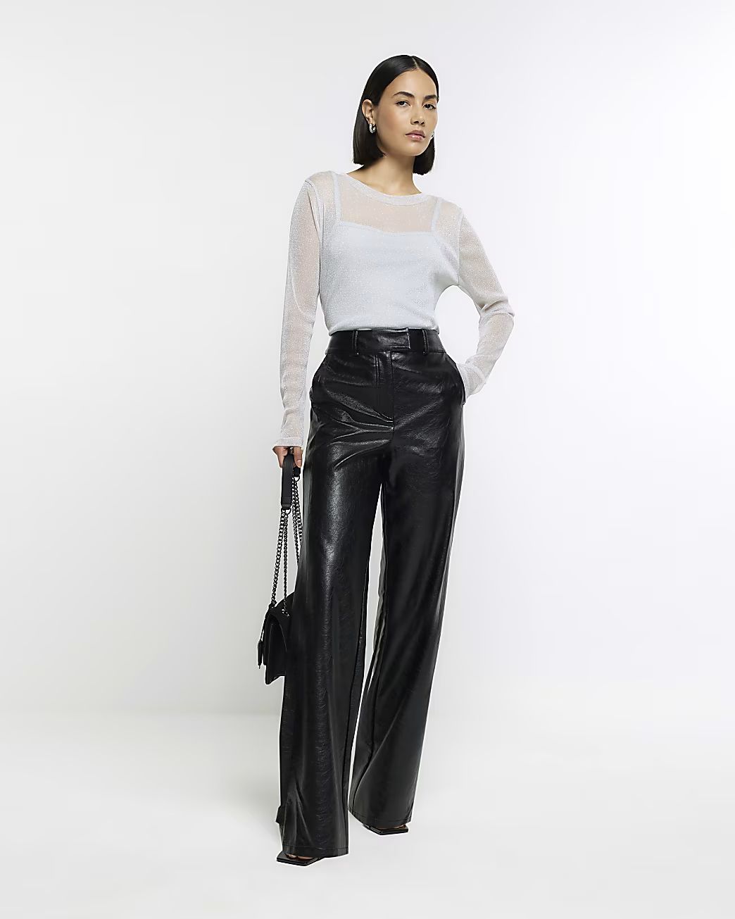 Black faux leather wide leg trousers | River Island (UK & IE)