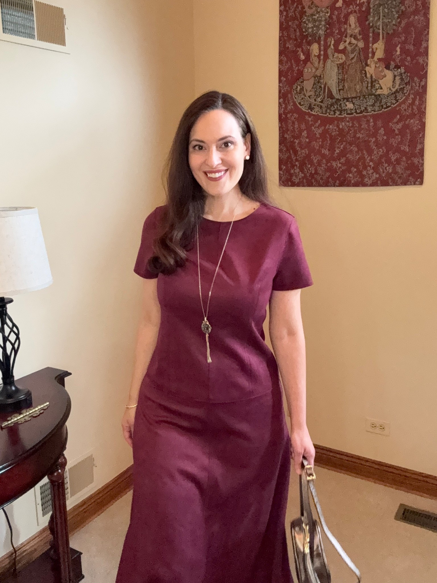 Burgundy is the color of the Fall season. Loving this faux suede top and long skirt by Vince Camuto on sale now at the Nordstrom Anniversary Sale. Wearing the size small in both pieces  