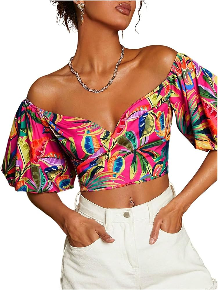 SweatyRocks Women's Off Shoulder Vacation Tops Boho Tropical Print Bishop Short Sleeve Crop Blous... | Amazon (US)