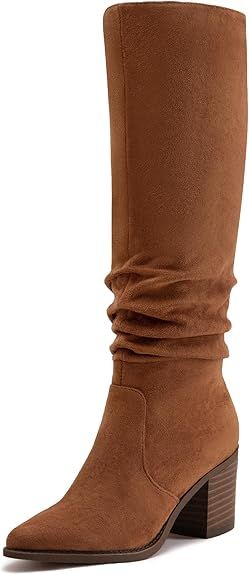 Athlefit Womens Knee High Chunky Heel Boots Faux Suede Pointed Toe Side Zipper Boots | Amazon (US)