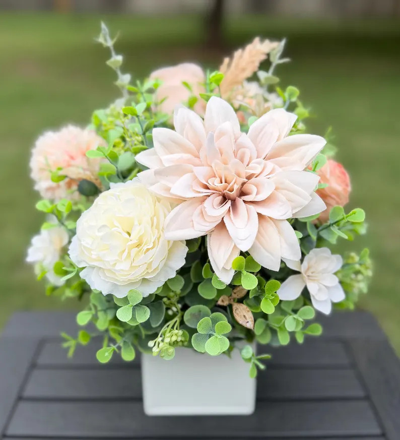 Peach and Cream Floral Centerpiece in White Ribbed Planter | Faux Roses & Dahlia Arrangement - Et... | Etsy (Global)