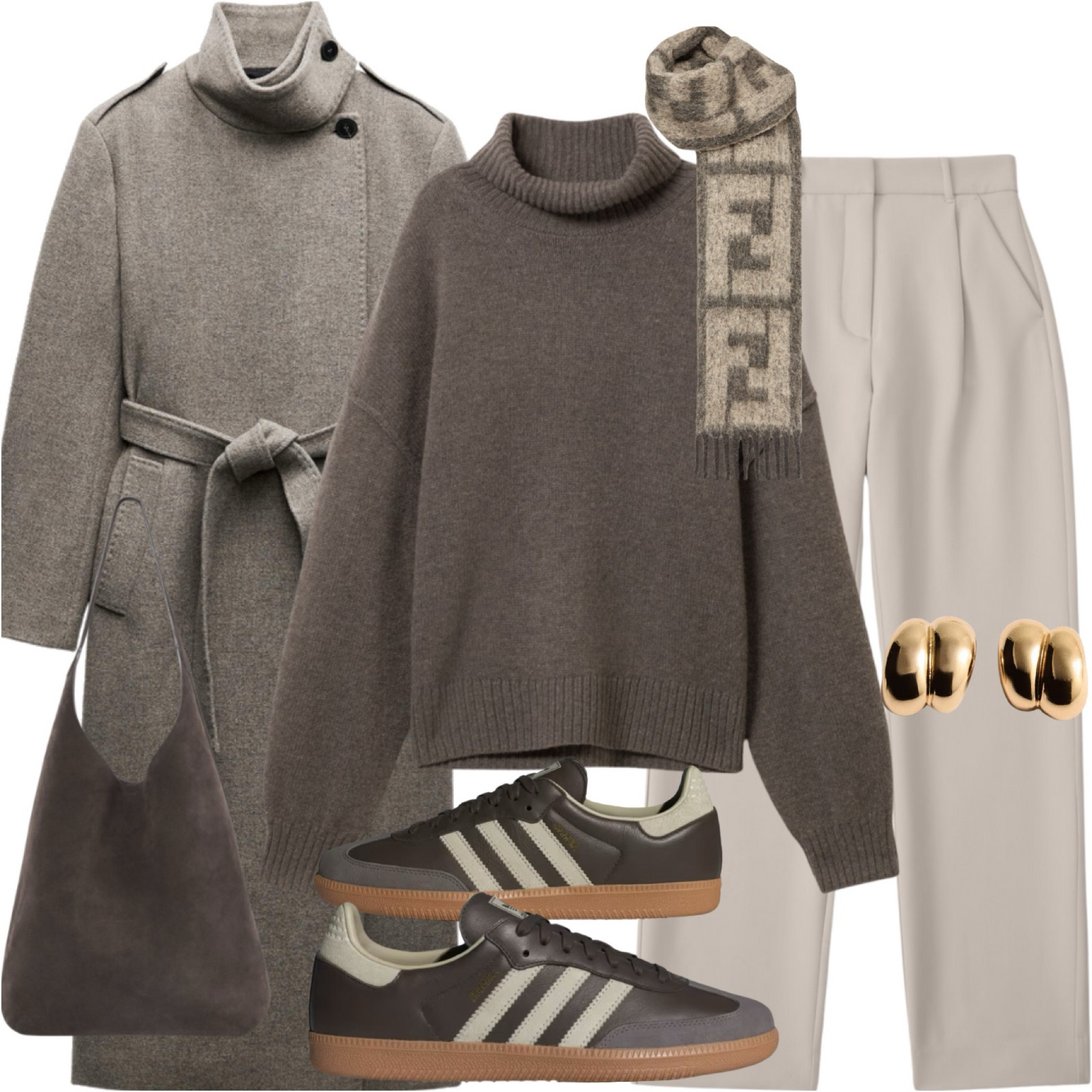Turtleneck jumper, straight leg tailored trousers, Adidas Sambas, Fendi knit scarf, suede tote bag & gold earrings. Coat is Zara- (linked in IG stories)
Knitwear, winter outfit, autumn outfit, neutral outfit, sneakers look. 

#LTKwinter #LTKstyletip #LTKuk