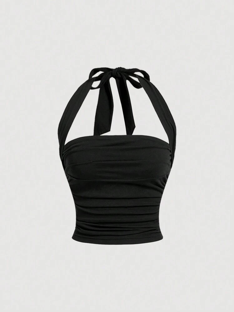 SHEIN MOD Black Solid Color Knitted Lace-Up Halter Neck Women's Top | SHEIN