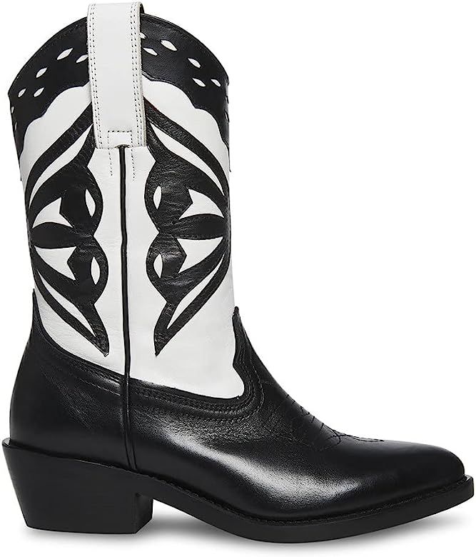 Steve Madden Laredo-M Western Cowboy Stacked Block Heel Boots Black/White | Amazon (US)