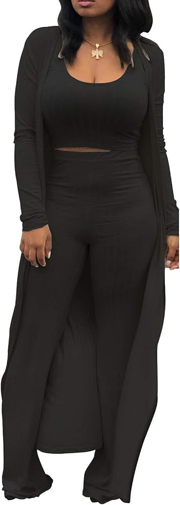 LKOUS Women's 3 Piece Outfits Ribbed Knit Crop Tank Wide Leg Pants Long Cardigan Set | Amazon (US)