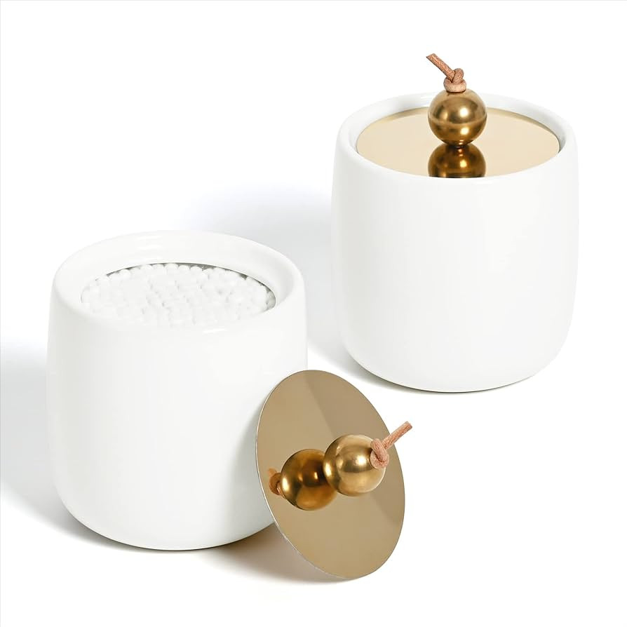 2 Pack Ceramic Qtip Holder Dispenser with Gold Lids, White Apothecary Jars Bathroom Vanity Organi... | Amazon (US)