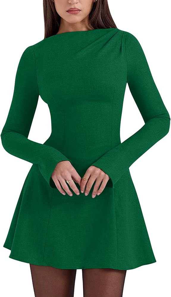 YMDUCH Women's Sexy Long Flare Sleeve Boat Neck A-Line Casual Mini Party Club Dress | Amazon (US)