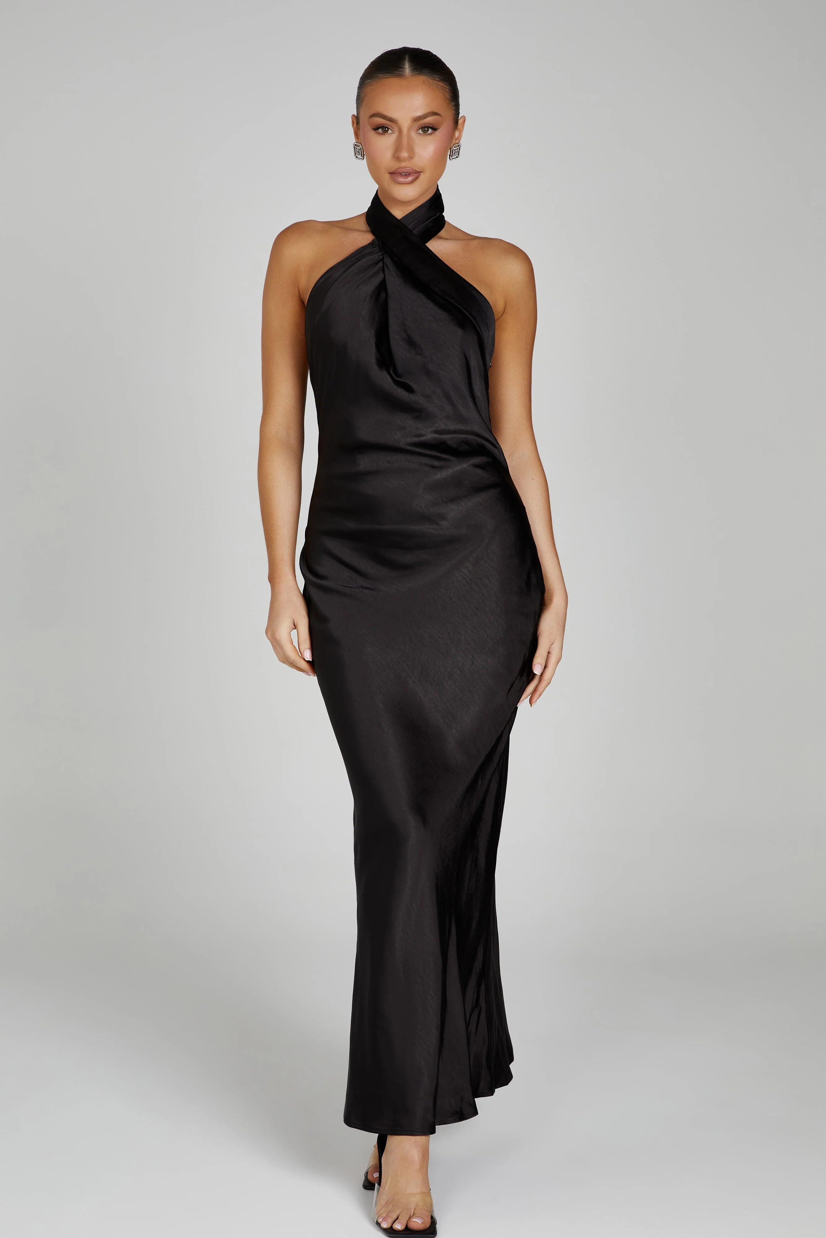 Laura Halter Satin Gown - Black | MESHKI US