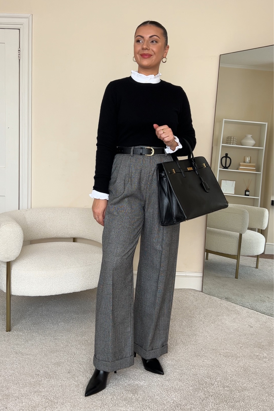 Work/smart Autumn outfit with a white cotton blouse.
Blouse is from H&M, wearing size S.
Jumper is from M&S, wearing size UK10.
Trousers are from LilySilk, wearing size UK14.
Boots are from H&M.
Some items are no longer available so I’ve linked similar options.

#LTKfindsunder50 #LTKstyletip #LTKeurope