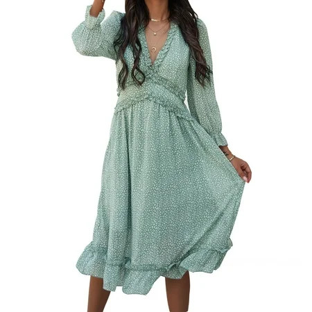 V-neck simple print dress Women s Dress Casual Beach Holiday Long Dress Light Green | Walmart (US)