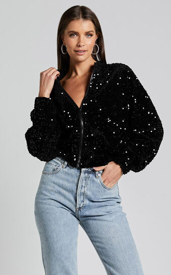 Poinsettia Jacket - Sequin Bomber in Black | Showpo (US, UK & Europe)
