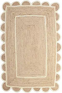 Scalloped Natural Jute Area Rug, Natural Base Off White Trim, 8x10 | Amazon (US)