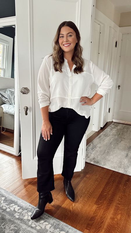 Perfect fall outfit- wearing bootleg jeans with ankle boots 👢 wearing size 32 in jeans & XL in button down (nursing + pumping friendly)! Use code CARALYN10 at Spanx checkout. 

#LTKstyletip #LTKshoecrush #LTKmidsize