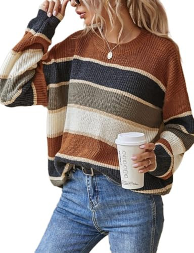 Kinghua Striped Sweater Women Knit Fall Winter Pullover Sweaters (Brown, M) | Amazon (US)