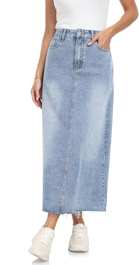 MISS MOLY Women's Jean Skirt Stretch High Waisted Frayed Raw Hem A Line Denim Midi Skirt with Poc... | Amazon (US)