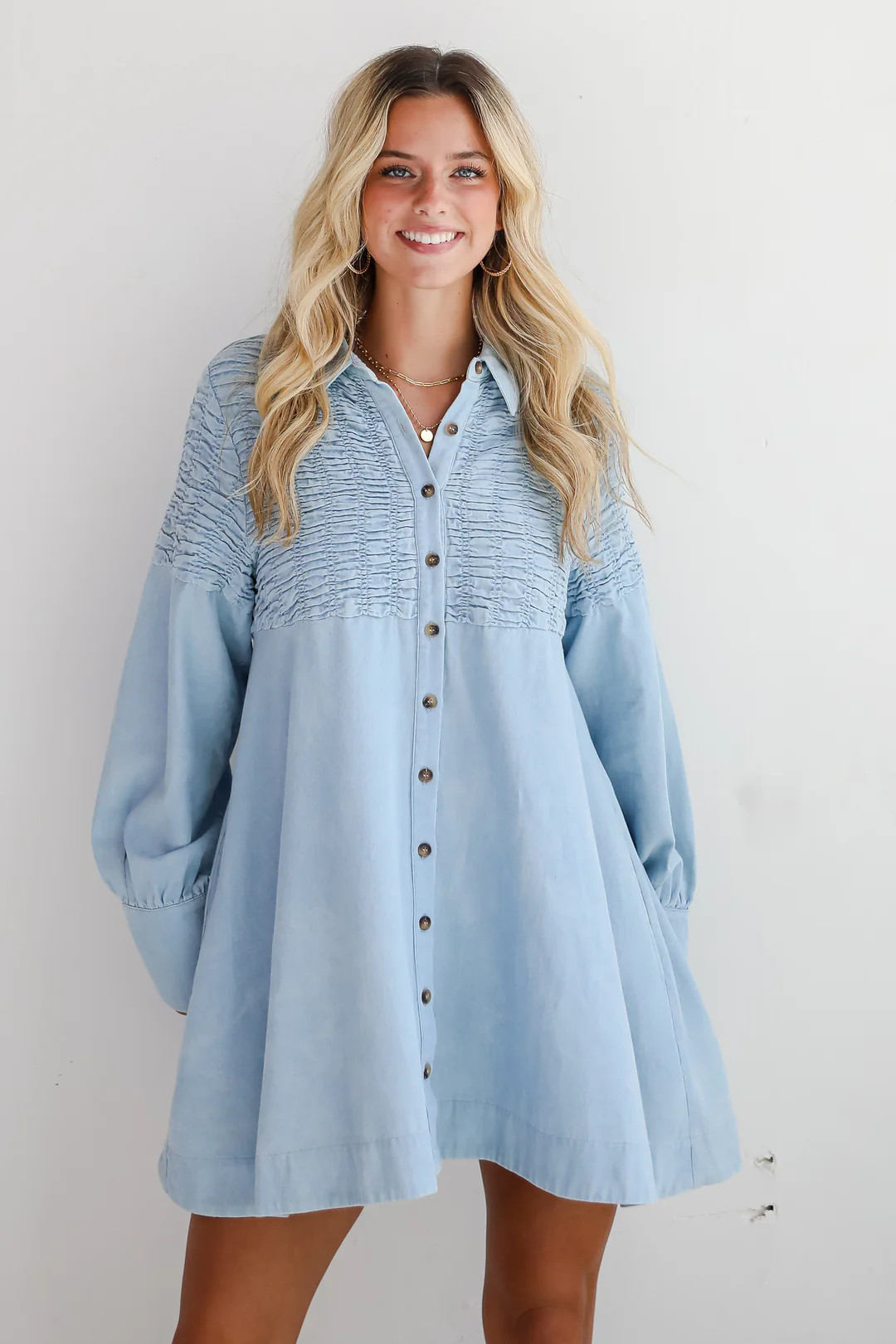Trendy Aura Light Wash Denim Mini Dress | Dress Up