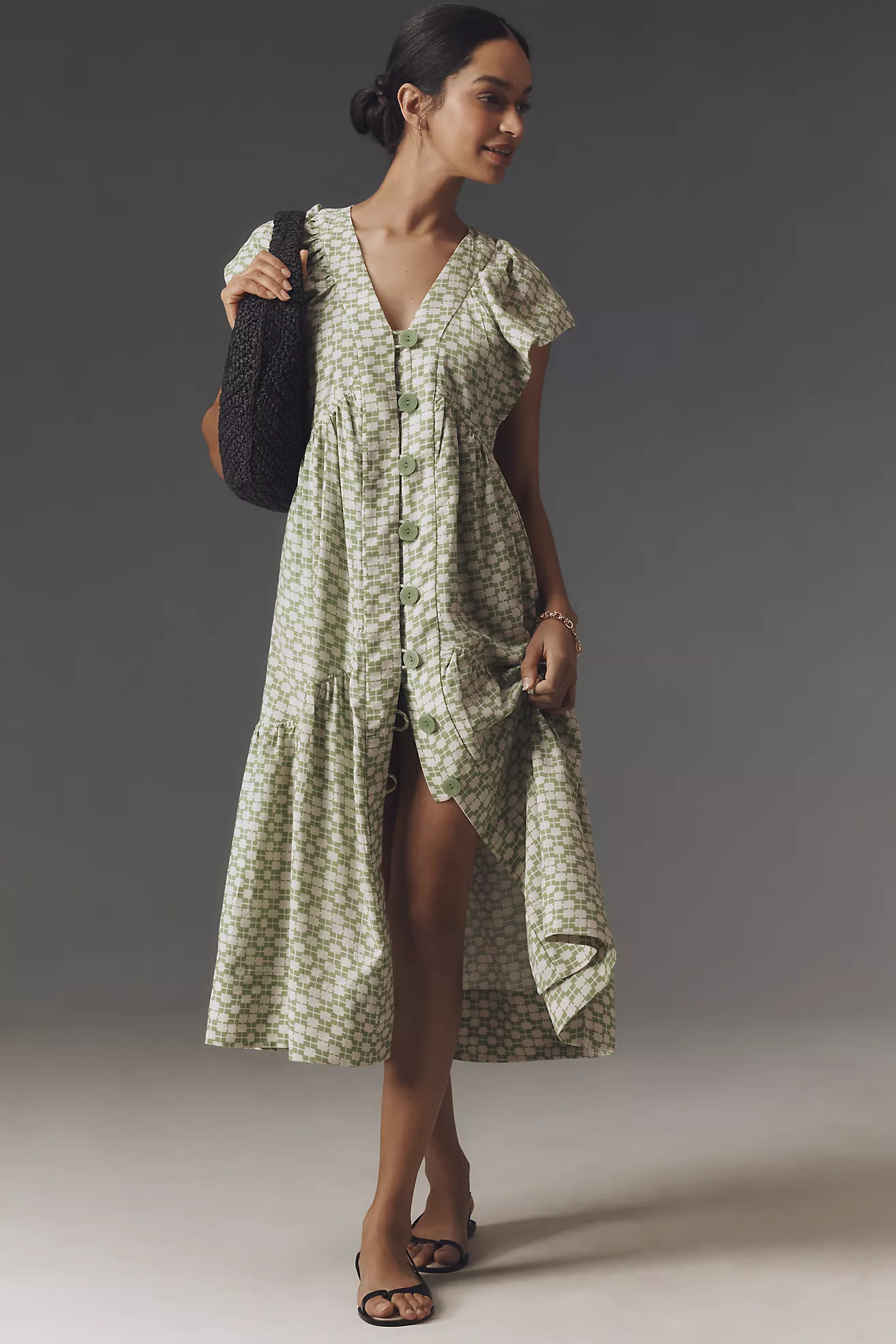 The Reneé Flutter-Sleeve Linen Button-Front Midi Dress | Anthropologie (US)