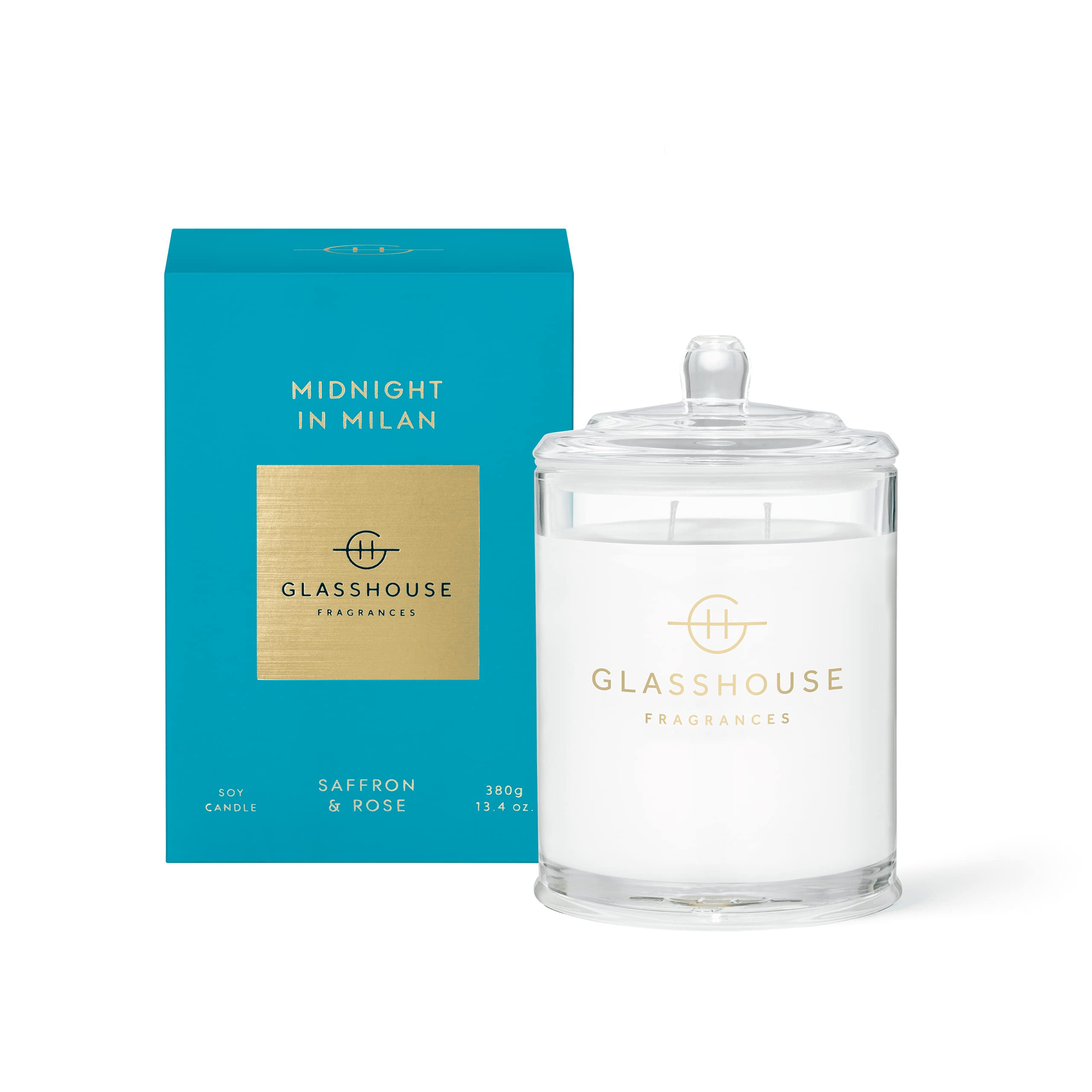 Glasshouse Fragrances Midnight in Milan Candle, Triple Scented Natural Soy Wax Blend, 2 Wicks & Glass Jar, 65 Hour Burn Time, Saffron & Rose, 13.4 Oz (380g) | Amazon (US)