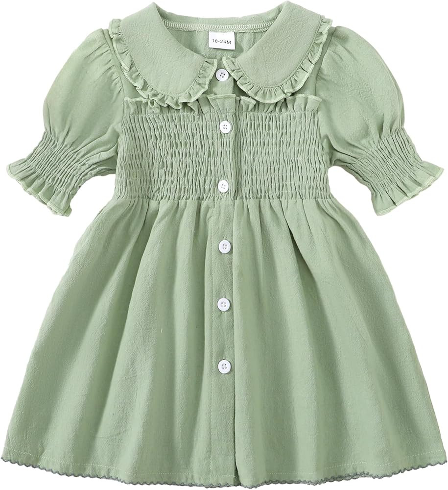 Toddler Girl Short Sleeve Dress Casual Peter Pan Collar Summer Cotton Linen Ruffle Dresses | Amazon (US)