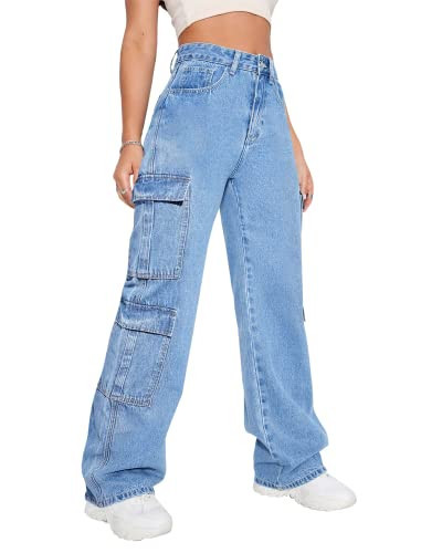 Women's High Waist Cargo Jeans Flap Pocket Baggy Cargo Pants Y2K Wide Leg Denim Jeans-M Light Blue. | Amazon (US)