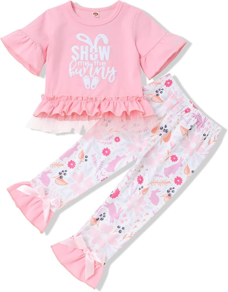Toddler Baby Girl Easter Outfit Sets Cute Long Sleeve Dress Top Bunny Floral Pants Girl Easter Cl... | Amazon (US)