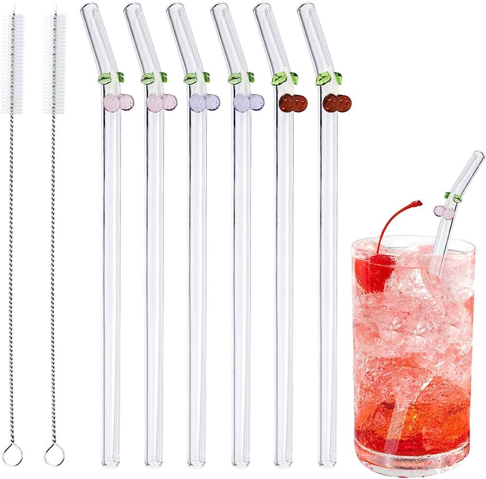 6 Pcs Glass Straws with Design,Glass Straws Shatter Resistant with Cherry 7.9in X 8mm Clear Bent ... | Amazon (US)