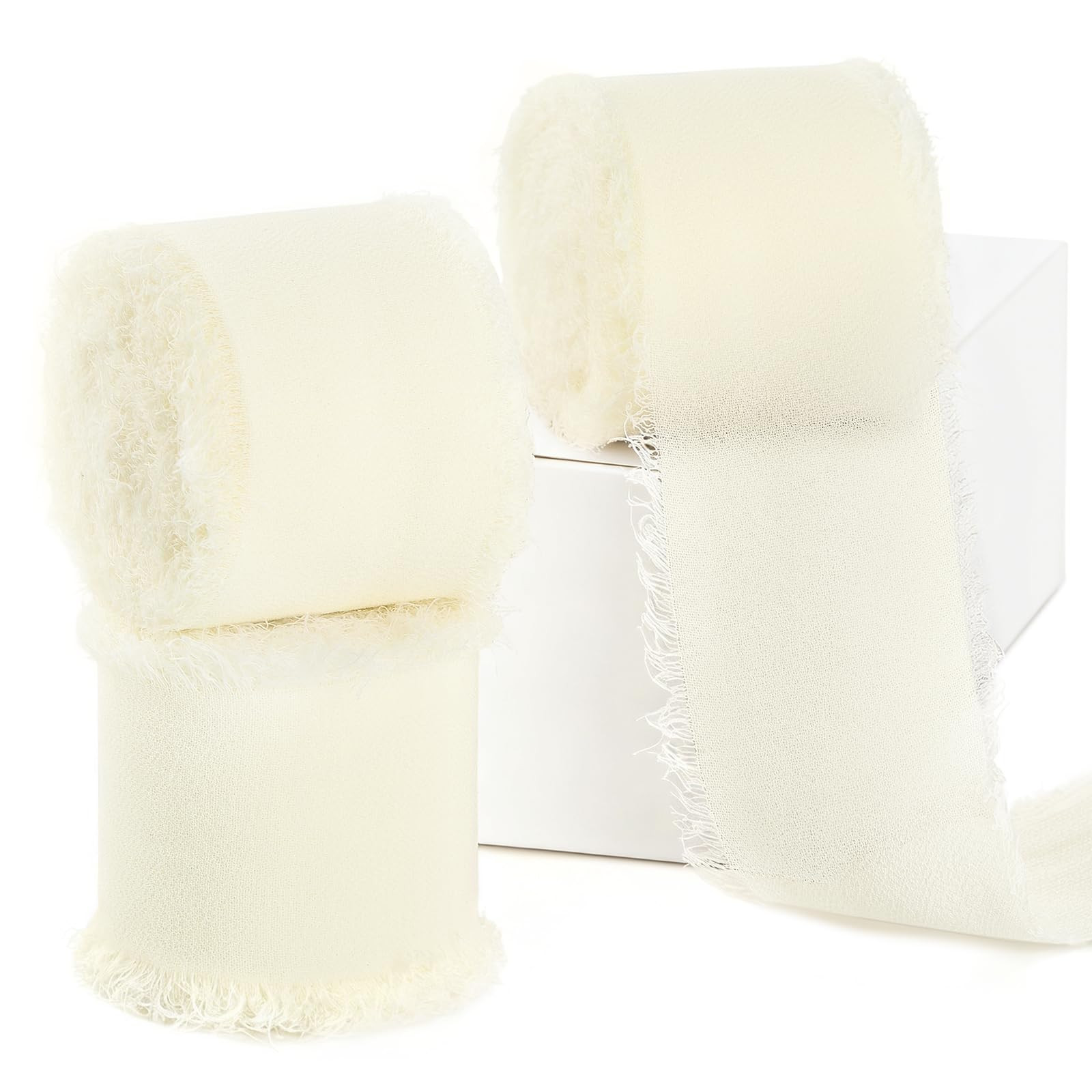 Ivory Chiffon Ribbon 1.5 Inch x 3 Rolls Total 21 Yards Handmade Fringe Silk Chiffon Fabric Ribbon... | Amazon (US)