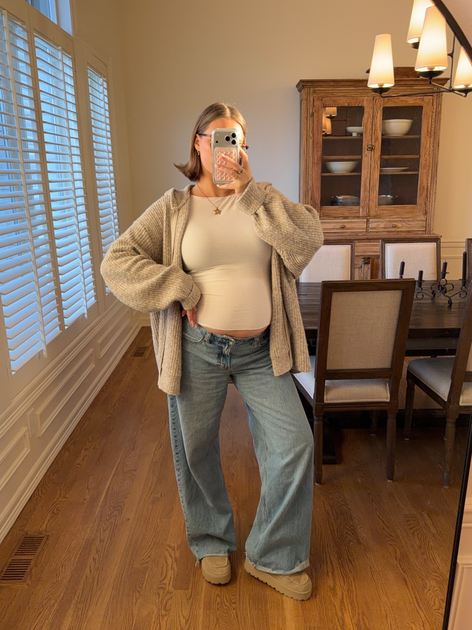 Abercrombie men’s knit zip up bought an XL to be long enough to cover bump if it was zipped it runs big obviously it’s men’s so keep that in mind! On sale and it’s so cute and cozy! Low rise Abercrombie jeans size 30 I need to size up finally 😅 but low rise is perfect for pregnancy. Large in target long sleeve! 

#LTKBump #LTKSaleAlert