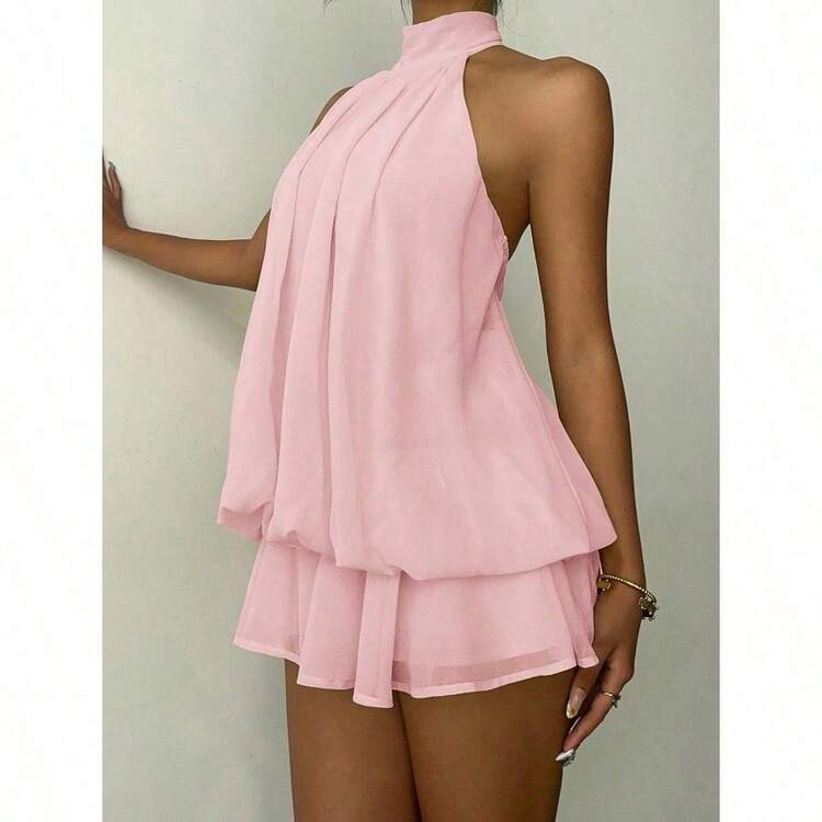 Women's Simple Solid Backless Halter One-Piece Jumpsuit, Elegant Ruffle Design, Perfect For Casua... | SHEIN