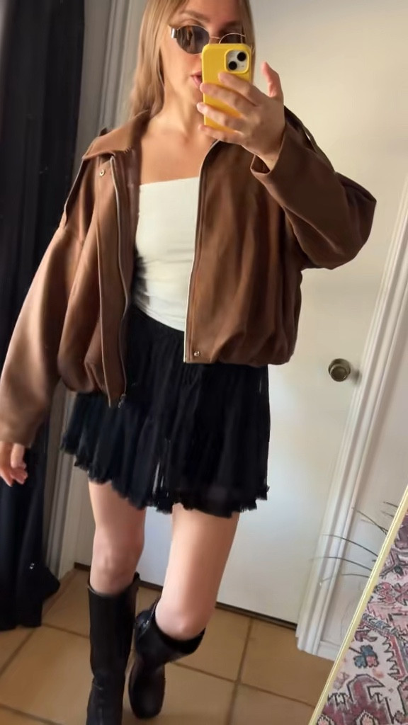 Might be the cutest fall jacket I’ve ever seen 😍

 The material is very soft and the bubble hem is so flattering and fun! Comes in several colors and fits oversized naturally. 

I’m 5’7” wearing:

Jacket - Sm
Tube Top - Sm
Tennis Skirt - Sm

#bomberjacket #suedejacket #falljacket #jackets #falloutfitinspo #falloutfits #fallfashion2025 

Bubble hem faux suede bomber jacket, suede jacket for fall, fall jackets, suede jacket outfits

#LTKFindsUnder50 #LTKStyleTip #LTKFallSale