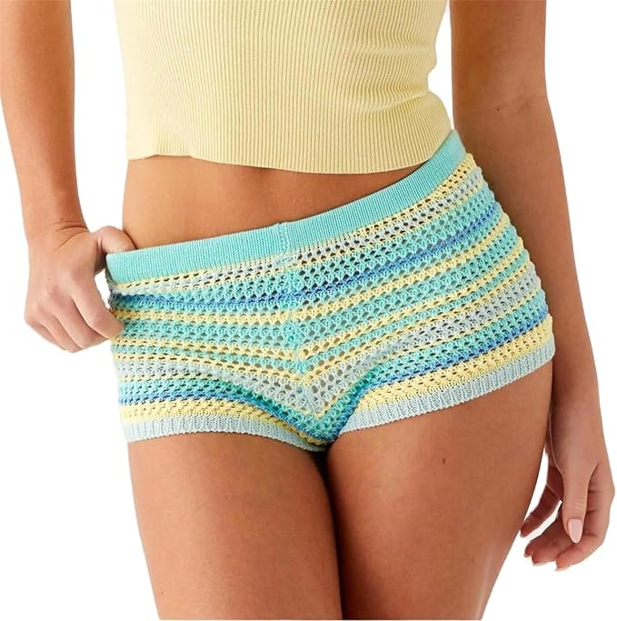 Women Y2k Striped Knitted Shorts Low Rise Stretchy Going Out Crochet Mini Shorts for Summer Beach | Amazon (US)