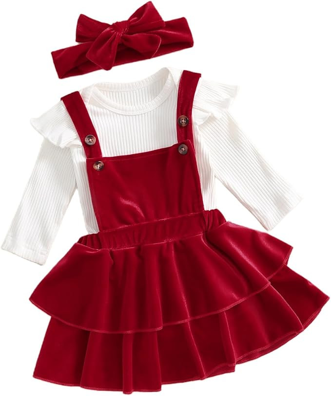 Thorn Tree Newborn Baby Girls Christmas Outfits Long Sleeve Onesie Romper+Velvet Suspender Skirts... | Amazon (US)