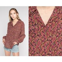 Paisley Blouse 90S Button Up Shirt Long Sleeve Top Collared Retro Boho Hippie Psychedelic Festival Purple Pink Tan Vintage 1990S Medium M | Etsy (US)