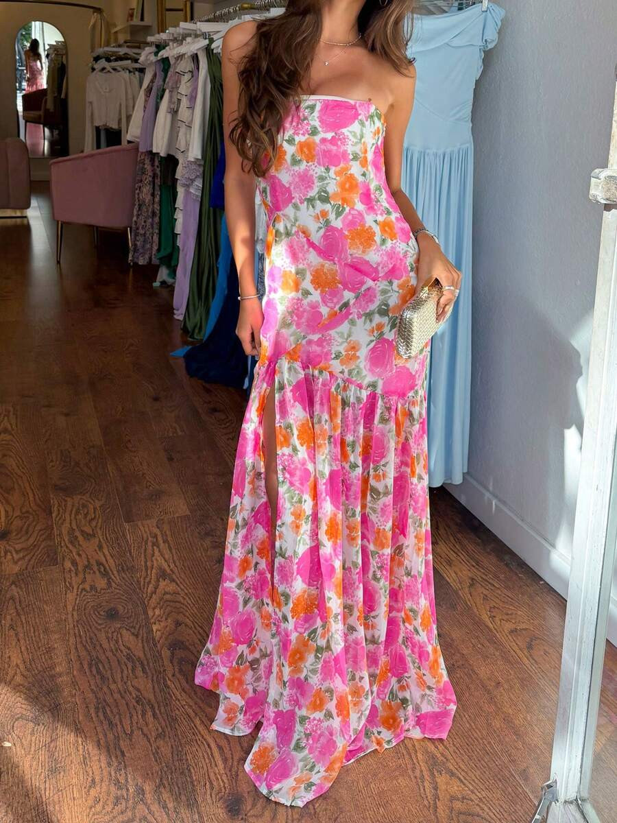 Women Floral Strapless Dress Sexy Backless Bodycon Maxi Long Dress Y2K Sleeveless Off Shoulder Tu... | SHEIN