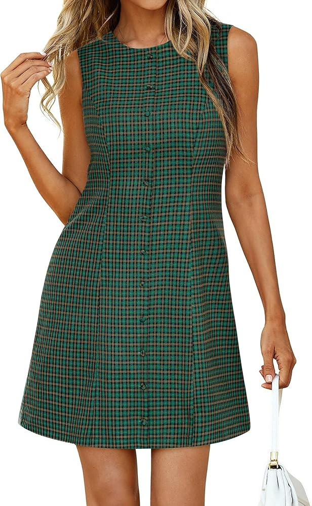 BTFBM Summer Dresses for Women 2026 Plaid Sleeveless Zip Up A Line Mini Dress Business Casual Vac... | Amazon (US)