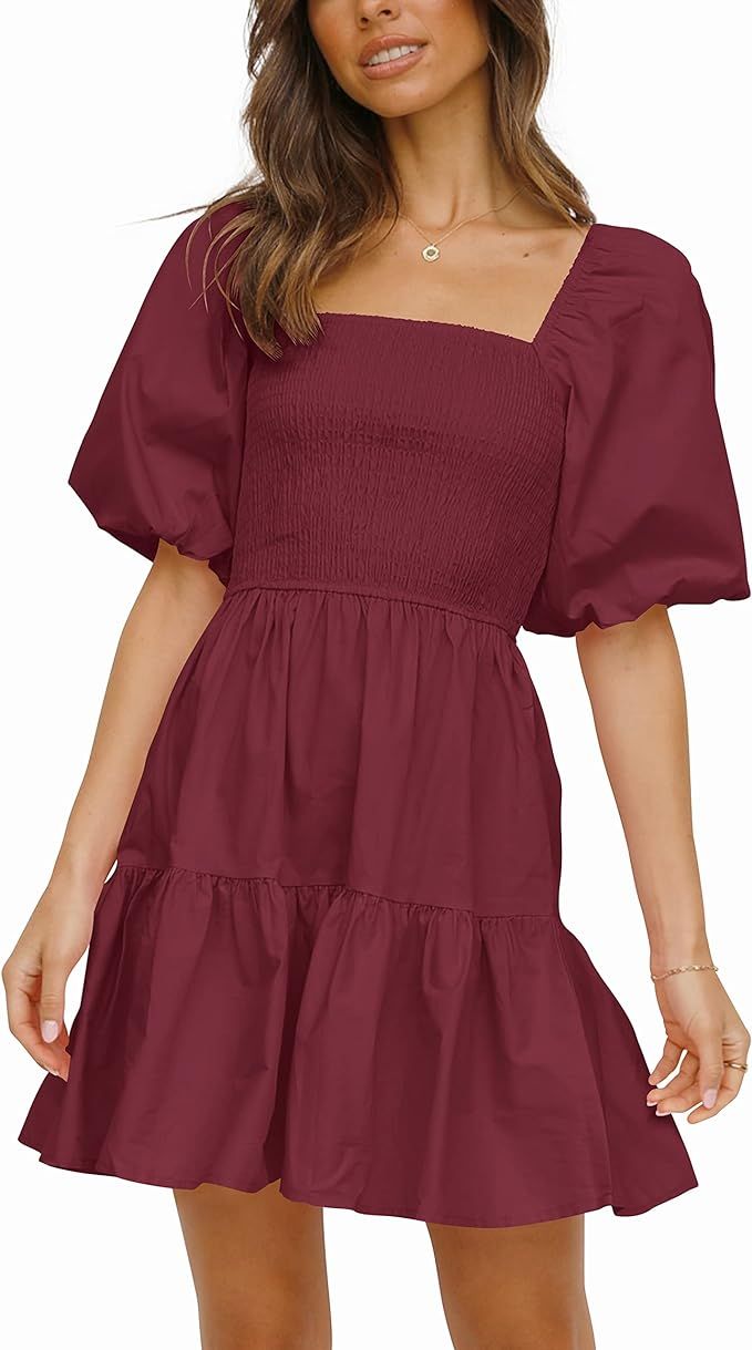 Atizon Women's Summer Smocked Dress Square Neck Puff Sleeve Casual Vintage Off Shoulder A-Line Sh... | Amazon (US)