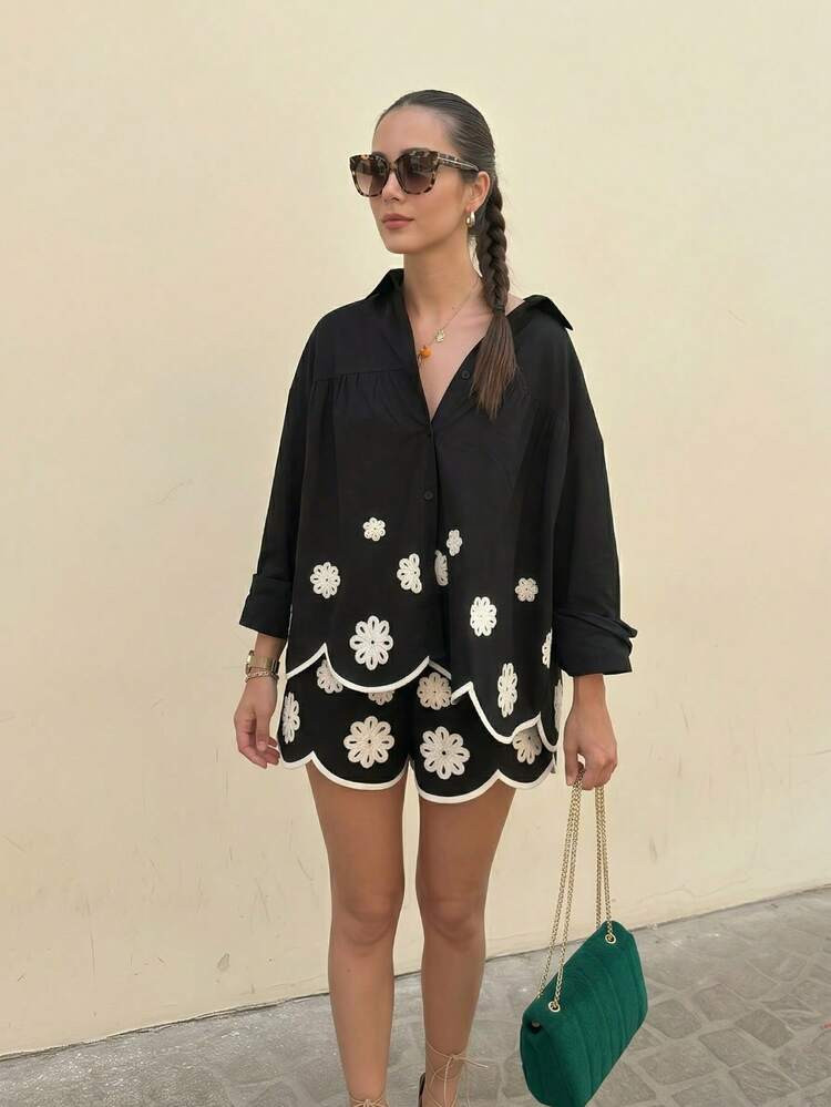 Soring To Summer Vacation Outfits For Women: 2-Piece Casual Set With Contrast Hem Embroidery, Sheer Fabric, V-Neck Cardigan With White Trim Hem And Black Top, Bohemian Casual Holiday Shirt And Black Shorts, Elegant Spring | SHEIN