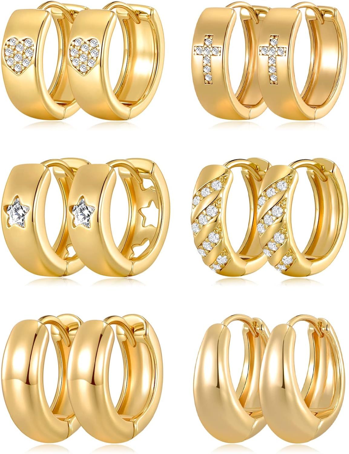 ALIWOLF Gold Huggie Hoop Earrings Set Hypoallergenic 14K Gold Plated Cubic Zirconia Small Chunky Hoo | Amazon (US)